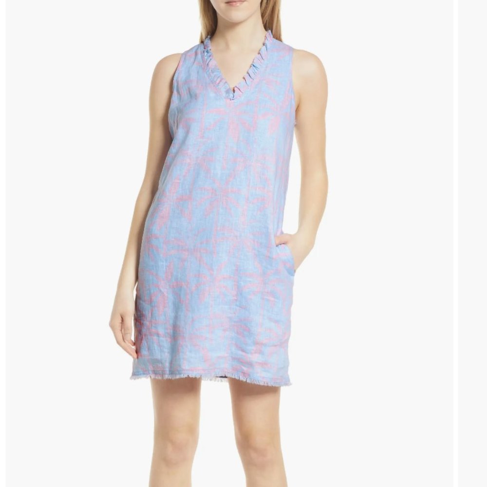 Tommy Bahama Linen Shirt Dress, Large, Pink Palm on Blue, Large